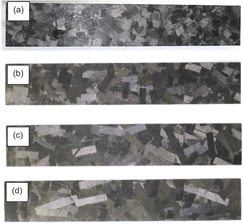 Figure 9. Flexural specimens with different tape lengths of (a) 6 mm, (b) 12 mm, (c) 18 mm, and (d) 24 mm.