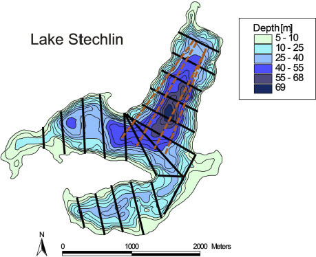 Figure 1: Bathymetric map of Lake Stechlin. Black lines indicate the 20 hydroacoustic transects surveyed annually. The four dashed brown lines indicate the approximate location of the midwater trawl transects.