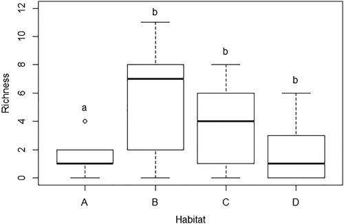 Figure 5 Richness at different microhabitats at sampling sites in Tijuca River, Rio de Janeiro. A, upstream of riffles; B, downstream of riffles; C, lateral side of pools; D, areas of sand accumulation (bars, curves). Different lowercased letters show significant differences.