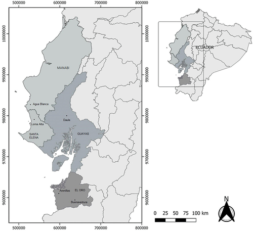 Figura 1. Mapa con detalle de los sitios muestreados para la colecta de nidos de aves en diferentes provincias de Ecuador continental.