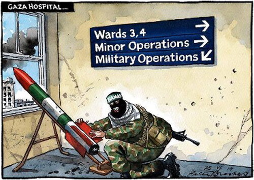 Figure 2. A cartoon of a Hamas fighter in a Gaza hospital.Source: Peter Brookes, The Times, July 24, 2014 (see endnote Footnote92).