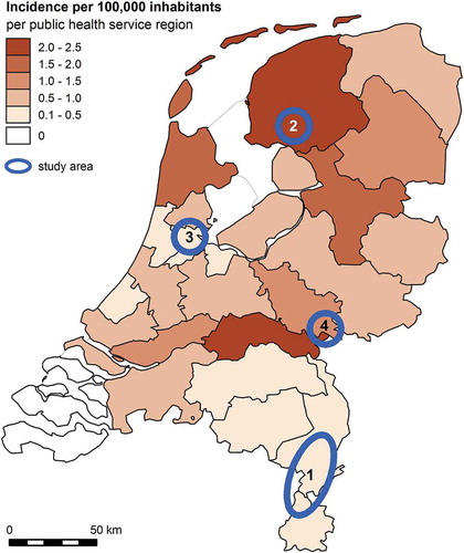 Figure 1. Incidence of autochthonous human leptospirosis cases in the Netherlands 2011–2015 by public health service region. Study areas are indicated with blue circles: 1: Limburg; 2 Friesland; 3 Amsterdam; 4 Nijmegen/Doetinchem.