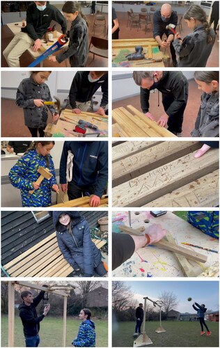 Figure 3. Sequentially from top row: Ava making her mallet, explaining her ‘be happy and smile, and never give up’ designs, carving, family photos at beamish showing her work, building her basketball hoop for FlexiGames. Images credit: Henry collingham and ava’s stepdad.