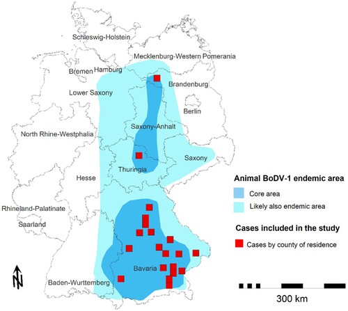 Figure 2. Places of residence of all 20 interviewed cases in Germany deceased in 1996–2021. Each red square equals one case relative to the known endemic area of animal Borna disease (in two shades of blue) [Citation26].
