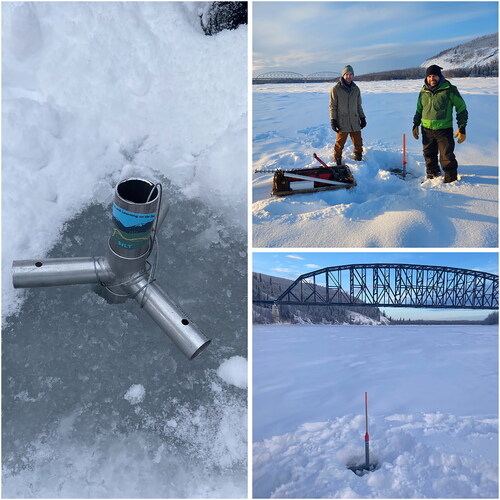 Figure 5. The turbidity sensors were housed in metal pipes (left) and fitted with bright orange stakes for visibility and safety on the Tanana River (top and bottom right).