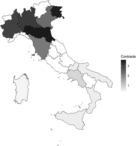 Figure 8. Distribution of corporate plus territorial agreements across Italian regions, standardised as agreements per 1.000 operating firms in 2020. Source: own elaboration based on ISTAT and Italian Ministry of Labour and Social Policy data. Note: White regions represent minor, or ‘hybrid’, regions not analysed in the paper.