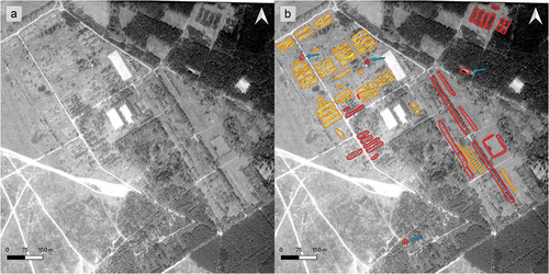 Figure 11. The area of the former Stalag VIII B (344) Lamsdorf in 1967 (a) and its interpretation(b) (prepared by M. Kostyrko; source: Military Historical Institute, Central Military Archives, Poland).