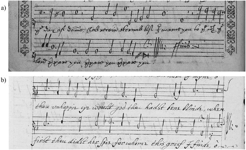 Image 15. Thomas Hamond III as music notator in GB-Lbl: Add. MSS 30480-4 and GB-Ob: MS. Mus. f. 7-10. a) 30481, fol. 44v, William Mundy’s Prepare You Time Weareth Away (text in his secretary hand) © British Library Board. b) Mus. f. 9, fol. 3r, Thomas Hamond’s Mine Eye Why Didst thou Light (text in his italic hand) © Bodleian Library, Oxford.