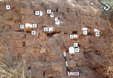 Fig. 8: The location of the different samples for palaeointensity and archaeomagnetic directions (LC08); Samples A–C are unoriented samples taken for palaeointensity only; all others were sampled as oriented samples and thus the flat surfaces and the use of plaster of Paris can be seen