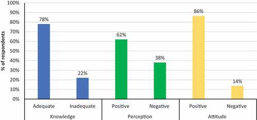 Figure 1. Percentage of respondents having adequate knowledge, positive perceptions, and attitude.