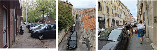 Figure 1. Residential streets are walkable parking lots in European cities: examples from the Netherlands and France (Photos by authors).