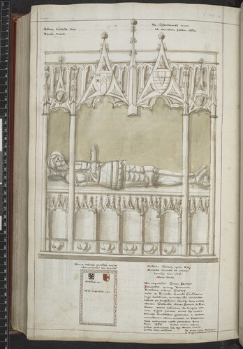 Fig. 4. The tomb of Richard de Burley in St Paul’s Cathedral, London, from William Dugdale’s Book of Monuments. Watercolour by William Sedgwick, June 1641© British Library Board, Add. MS 71474, fol. 181v
