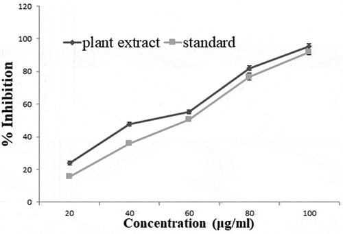 Figure 5. Inhibition of Nitric Oxide by methanolic extract of S. bryopteris and standard (Rutin).