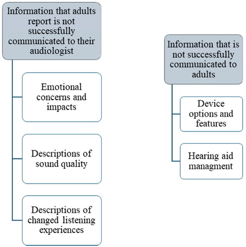 Figure 2. Results showing three themes about the information that adults report is not communicated, or not communicated successfully, to their audiologist. Results also identified two themes about information that is not communicated successfully to adults.