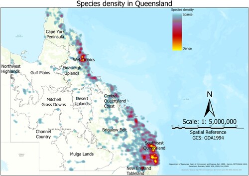 Figure 2. Species density of flora and fauna in different biogeographic regions in Queensland.