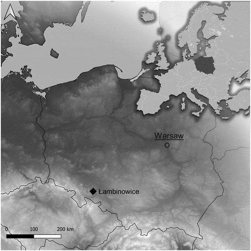 Figure 1. Location of Łambinowice on the map of Poland and Europe (prepared by K. Karski).