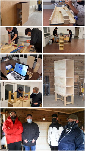 Figure 4. Sequentially from top row: Lucky describing and prototyping his idea, building a rough 1:1 model, designing the legs, building the final piece, CAD drawings, finishing work, meeting the Men’s Group at beamish, the finished piece, and the name plate made in lucky’s honour reading: ‘our lucky Shelves’ images credit: Henry collingham & beamish museum.