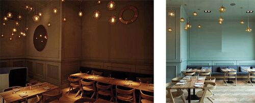 Figure 2. Comparing the effects of lighting in a restaurant, the darker tone (left) versus the lighter tone (right) can have contrasting impacts on the dining experience (Huibin, Citation2023; Fohlio, Citation2023).