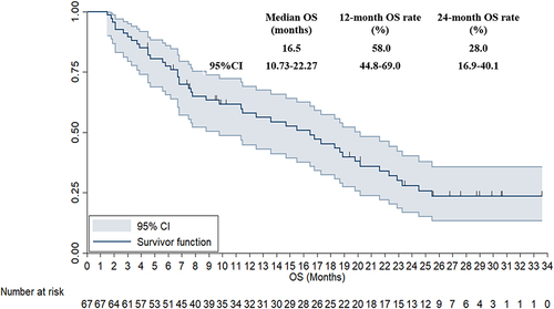 Figure 4 Overall survival of the 67 patients with previously immunotherapy treated advanced NSCLC who received anlotinib plus PD-1 blockades administration.