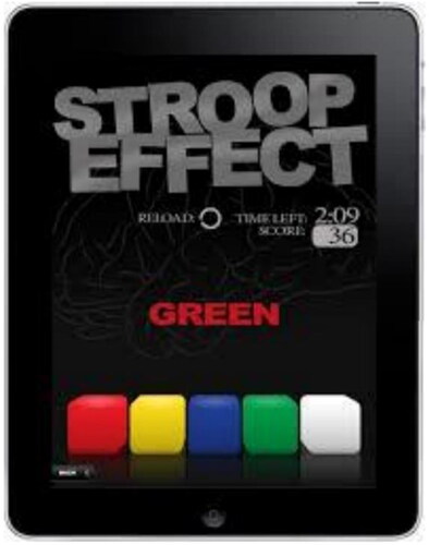 Figure 1. The Stroop Effect as shown in the Coral Technology Stroop Effect app, which was used in this demonstration. Participants are asked to choose the color block at the bottom that matches the color of the letters.