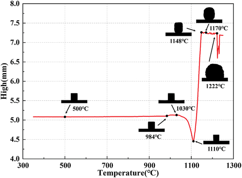 Figure 2. The height and morphology variation of the sample projection during the heating process.