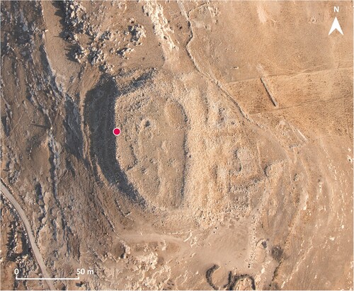 Figure 2 Aerial photo of Tell al-Assara with the location of the transect of the inscribed potsherd marked with red (photograph by Rebecca Banks; courtesy of APAAME).