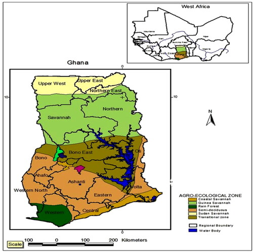 Figure 1. Map of Ghana showing the regions and the agroecological zones.Source: adapted and modified from Hashmiu et al. (Citation2022).