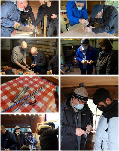 Figure 5. Sequentially, from top row: William working on early prototypes, helping brian, designing handles, pieces brought in from home (lathe-turned handles and peg-maker), seeing FlexiGames used by the kids, and showing lucky how to use the peg-maker he’d designed and built. Images credit: Henry collingham & Beamish Museum.
