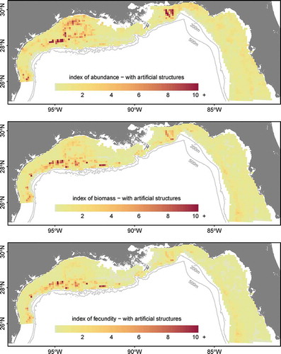 FIGURE 7. Maps of predicted relative abundance, biomass, and fecundity (see Methods) for Red Snapper in the northern Gulf of Mexico based on the generalized linear model and abundance estimates for artificial structures.