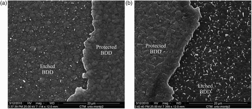 Figure 6. SEM images of the etched film with Ar/O2 15/40 (sccm/sccm), pressure 10 mTorr, etching time 10 min and RF power 100 W (a) and 200 W (b).