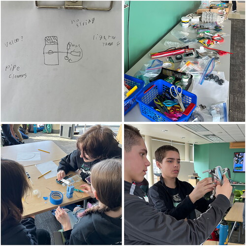 Figure 6. Students drew their ideas for a payload system (top left) and used a variety of materials (top right) to construct and iterate their designs (bottom left and right).
