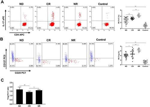 Figure 1. Th17/Treg cell frequency and Treg/Th17 ratio in the PB of patients with AML at different phases (A) The frequency of PB Th17 cells in different phases of AML was analyzed by flow cytometry. **P < 0.01 vs. the CR, NR or control group. (B) The frequency of PB Treg cells in different phases of AML was analyzed by flow cytometry. *P < 0.05 vs. the CR group, **P < 0.01 vs. the NR or control group. (C) The ratio of Treg/Th17 in different phases of AML. *P < 0.05 vs. the NR group.