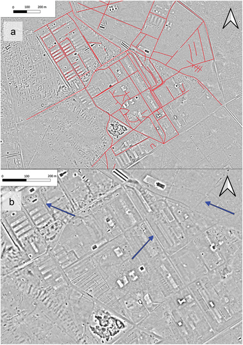 Figure 13. Airborne laser scanning derivatives with marked roads (the red lines) (a) and examples of roads indicated by the blue arrows (prepared by A. Lokś, source: Head office of geodesy and cartography office, Poland).