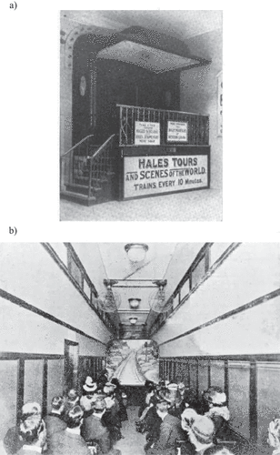 Figure 2. A) Entrance to Hale’s tours. [Figure reprinted from Brown (Citation1916).]; B) Interior of one of Hale’s Tours. [Figure appears in Curtis and Voss (Citation2008).].