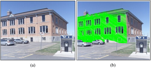 Figure 8. a) A single view façade image captured Fredericton residential area b) projected point cloud overlaid on the image.
