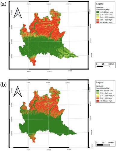 Figure 20. Landslide susceptibility maps of Lombardy using 5-classes schema: a LSM derived from Neural Network model trained in VCC2 without precipitation data; b LSM derived from Neural Network model trained in VCC2 with average precipitation data.