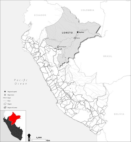 Figure 1. Map of the Loreto Department of Peru and its capital Iquitos, made by Nicholas Kotlinksi for Sydney Silverstein. Reproduced with permission from Silverstein.