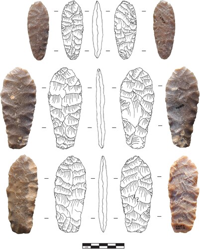 Figure 6 Both faces and line drawings of GlQl-3:5 (top), GlQl-3:7 (middle), and GlQl-3:2. Photographed courtesy of the Royal Alberta Museum.