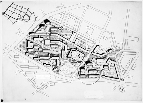 Figure 3. Ralph Erskine. Masterplan for Kiruna city centre, Sweden. Latest completed version, 1957. Circled, the Ortdrivaren quarter. From ArkDes Collection (ARKM.1986-122-2129).