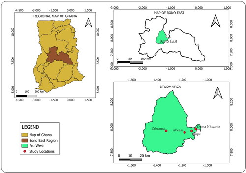 Figure 1. Map of Pru West District showing the study locations (Zabrama, Abease, Bupe, and Dama Nkwanta) in the Bono East Region of Ghana.