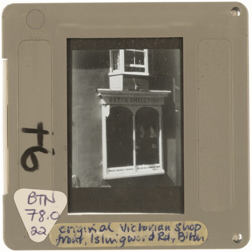 Figure 8. ‘Original Victorian Shop Front, Islingword Road, B’ton’, undated 35mm slide, photographer unknown, former University of Brighton slide library, collection of Annebella Pollen. Photograph by Rachel Maloney, 2021.