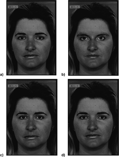 Figure 2. Examples of stimuli from the featural and configural face processing task.Notes: Pictures (a) and (b) demonstrate featural differences between the two faces, whereas pictures (c) and (d) depict configural adjustments in the spacing of the face.