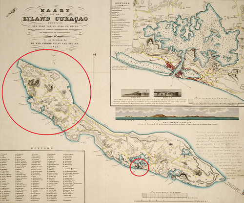 Figure 3. The island of Curacao in 1838. The red circles show two locations which were used as places of refuge by runaways: Willemstad and the more empty and rugged western part of the island. Source: R.F. van Raders, Kaart van het eiland Curaçao (1838). Collection University of Amsterdam.
