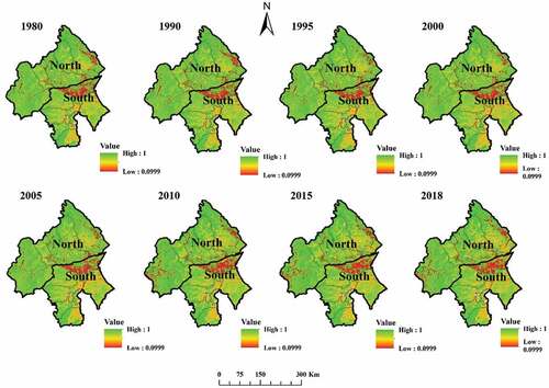 Figure A5. Spatial distribution of habitat quality in the different regions of Chifeng.
