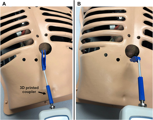 Figure 12 Set-up for epicardial guide insertion force measurements. A 3D printed coupler is used to connect the epicardial guide to the force gauge. (A) Insertion for anterior access to the heart. (B) Insertion for posterior access to the heart.