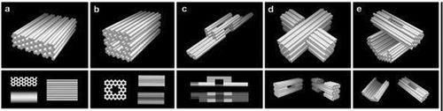 Figure 3. Three-dimensional DNA origami shapes: (a) monolith, (b) square nut, (c) railed bridge, (d) slotted cross, (e) stacked cross. Reproduced with permission.