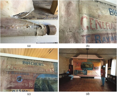 Figure 2. (a) Detail of tear on the lower right corner. (b) Detail of top left corner with fading and stains. (c) Detail of upper left part with extensive fading, and letters masked by wooden batten. (d) Curtain unrolled before conservation treatment, note extensive fading on both sides, images S Cotte and S Vardy.