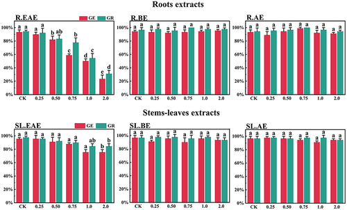 Figure 2. Effects of L. sagitta extracts on seed germination of F. ovina. a: roots ethyl acetate extract (R.EAE), b: roots n-butanol extract (R.BE), c: roots aqueous extract (R.AE), d: stems-leaves ethyl acetate extract (SL.EAE), e: stems-leaves n-butanol extract (SL.BE), f: stems-leaves aqueous extract (SL.AE). In each graph, different letters indicate significant differences between concentration treatments, p < .05. Concentration units for treatment groups are mg/mL. Error bars indicate standard deviation (SD). (GE) germination energy; (GR) germination rate; (CK) control group.