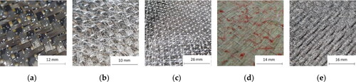 Figure 1. Tackifying agents; (a) Powder binder, e.g. E5390; (b) Textile veil, e.g. PA1541; (c) Adhesive film, e.g. SAER; (d) Hot-melt binder, e.g. PR685; (e) Spray adhesive, e.g. AIR2E.