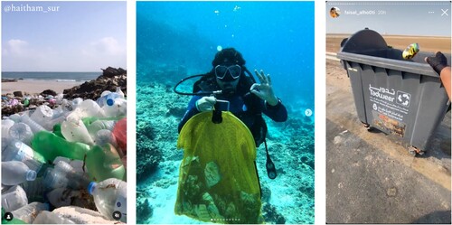 Figure 7. (7a, left) A still image from Haitham Al Shaaibi’s Instagram Reel in Oman. (7b, middle) An Instagram post from a clean-up dive off the coast of Oman, user’s identity redacted. (7c, right) Faisal Al-Hooti’s (@faisal_alh00ti) Instagram Stories post of a cleanup practices during a bike trip in Oman and the United Arab Emirates.
